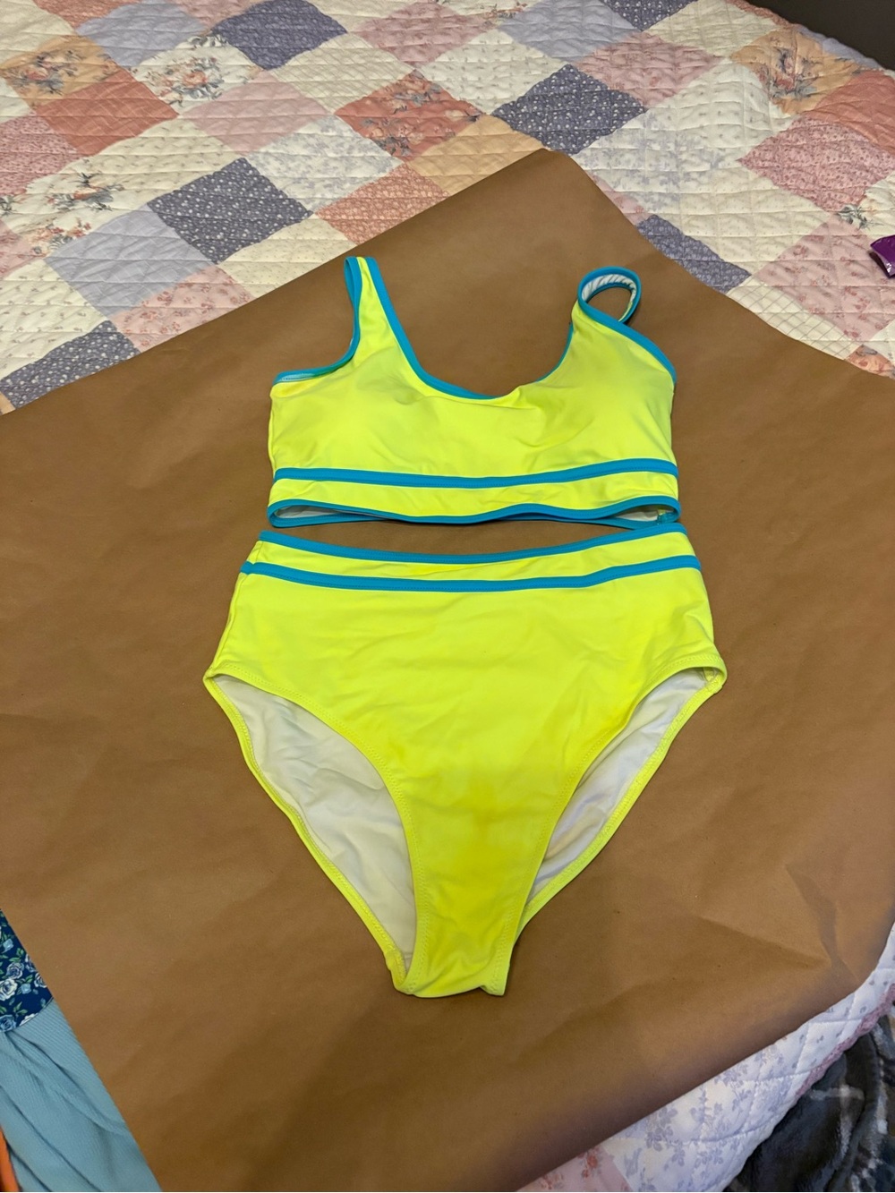Girls' Neon Yellow 2 piece Swimsuit with Blue Trim